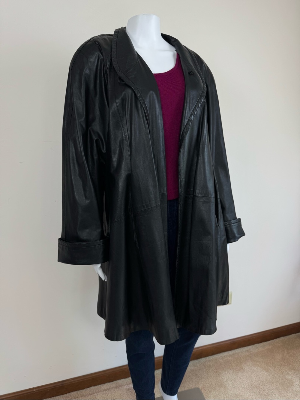 York Furrier Butter Soft Lambskin Leather Coat Black Oversized Y2K A Line Sz S - Picture 3 of 15